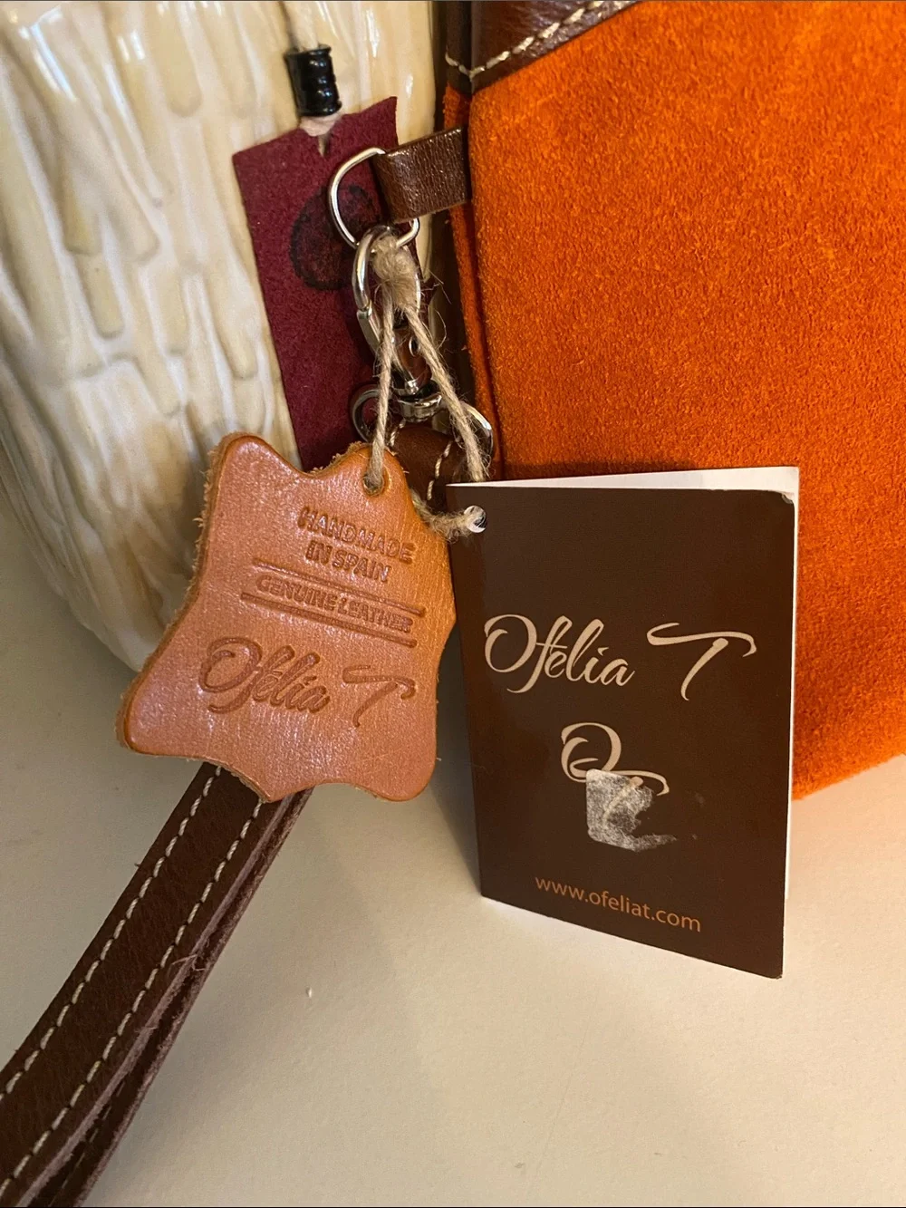 BNWT Ofelia T Orange Suede Wristlet Cosmetic Bag with Brown Leather Trim